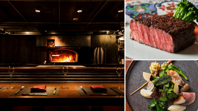 A dimly lit restaurant interior with a wood-fired oven, perfect for a romantic Valentines in Japan, alongside images of a cooked steak and an artfully arranged dish with vegetables.