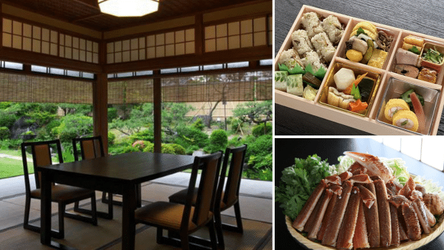 A Japanese-style room with a table and chairs overlooks a serene garden, capturing the essence of Valentines in Japan. To the right, a bento box filled with assorted foods and a plate of crab legs entice with their charm and flavors.
