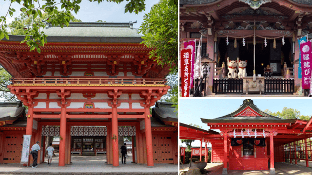 Collage of a traditional Japanese shrine with a red entrance gate, sacred statues, and a smaller red shrine building, capturing the unique charm of Valentines in Japan.