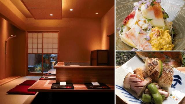 A cozy Japanese dining room with a wooden counter is shown, perfect for a romantic Valentines in Japan. Two plates of artfully arranged sashimi and appetizers make the setting even more enchanting.