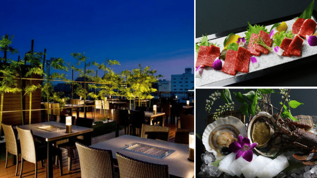 Rooftop dining area at dusk, perfect for a Valentine's in Japan; lit tables aglow. Enjoy two dishes: sliced beef with greens and a seafood platter featuring shellfish, beautifully garnished with flowers for a romantic touch.