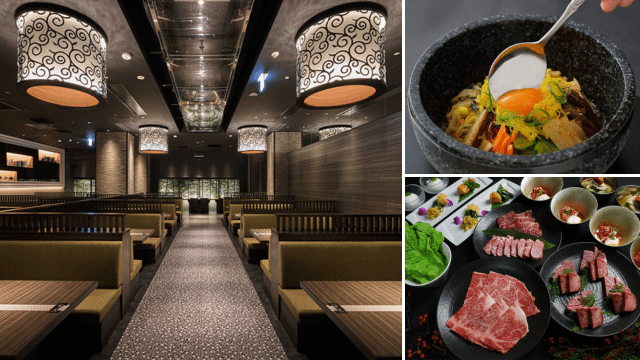 Experience a sophisticated restaurant interior with brown booths and patterned lights, perfect for a Valentines in Japan vibe. Enjoy side images of a rice bowl with egg alongside an exquisite array of raw meat and dishes that evoke culinary artistry.