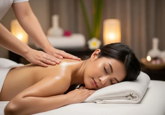 A woman lies face down on a massage table with eyes closed, receiving a soothing back massage inyou spa’s tranquil and relaxing setting.