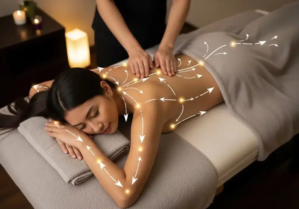 A person receives an inyou back massage, with diagrammatic glowing arrows overlaid on their body, indicating the flow of massage technique.
