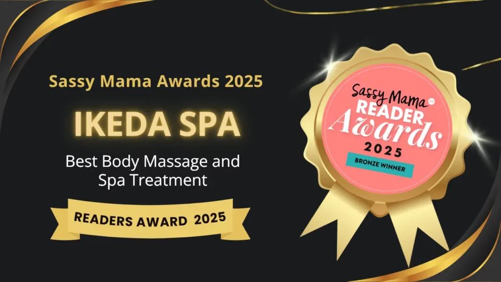A digital banner announces Ikeda Spa as the 2025 Sassy Mama Readers’ Award bronze winner for Best Body Massage and relaxation massage Treatment.