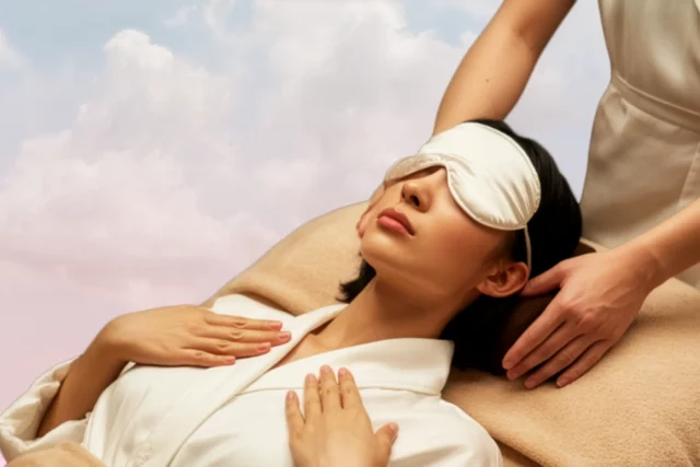 A person wearing an eye mask reclines on a massage table while another person massages their shoulders against a cloudy sky backdrop, offering soothing relief from jet lag.