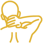 A simple yellow line drawing of a person sitting at a table, one hand supporting their head and the other arm resting on the table, evokes the calm and ease often felt after a relaxation massage.