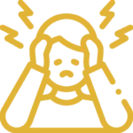 Yellow line drawing of a person holding their head with lightning symbols around, indicating stress or headache—ideal for promoting relaxation massage as a remedy.