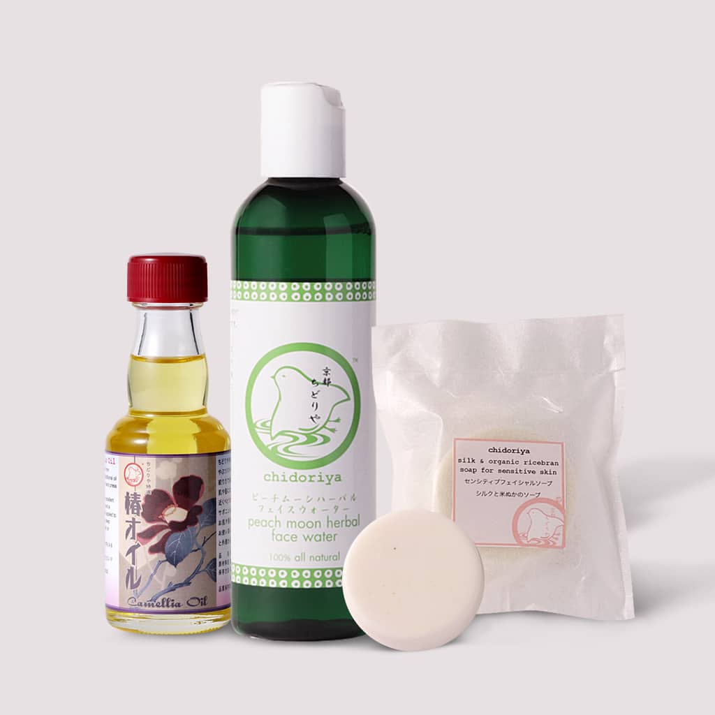 A few bottle of Chidoriya skincare products.