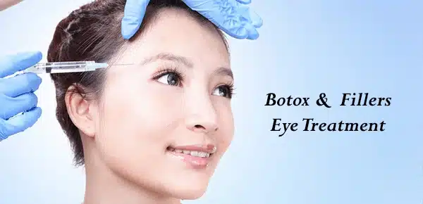 A person receives a botox injection near the eye area from a gloved hand, with text reading "Botox & Fillers Eye Treatment" on the right side.