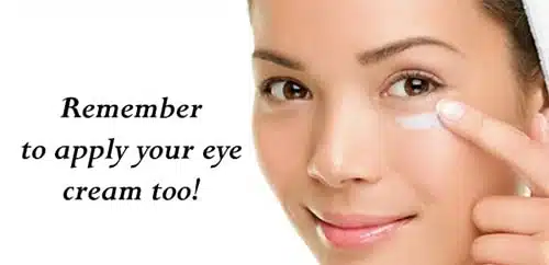 A woman applies eye cream to her under-eye area with one finger, next to the text: "Remember to apply your eye cream too—even if you have botox!.