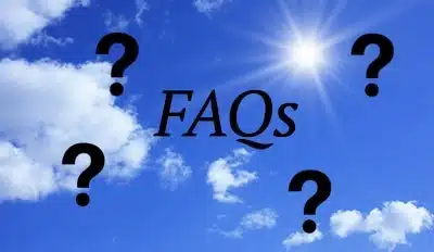 A blue sky with clouds, a bright sun, the text "FAQs" in the centre, and four black question marks surround the text—perfect for answering common botox queries.