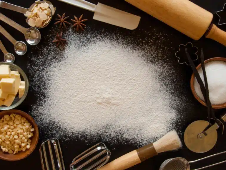 Baking ingredients and utensils are arranged around a pile of flour on a dark surface, including butter, nuts, sugar, spices, and measuring spoons—perfect for creating sweet treats for Valentines 2017.