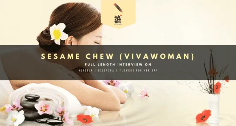 A woman lies on her stomach at a spa with flowers in her hair, towel beneath her, and stones and flowers nearby; text overlays the image about a vivawoman Sesame Chew interview.