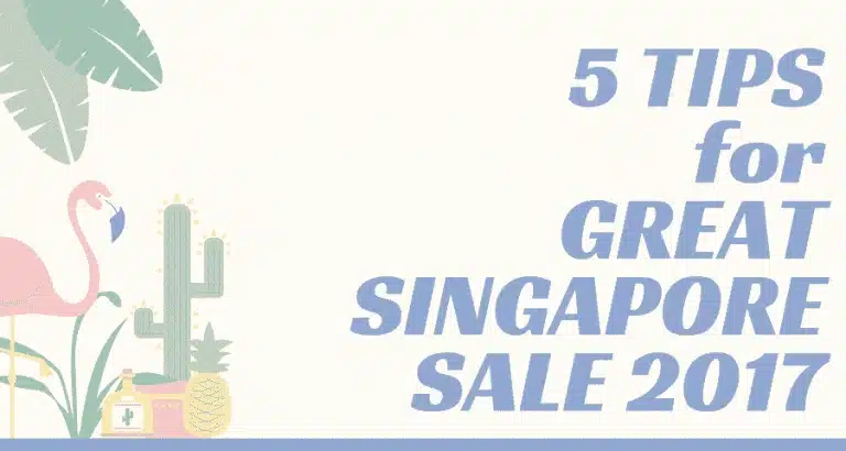 Illustration with a flamingo, tropical plants, and text that reads "5 Tips for Great Singapore Sale gss 2017" on a light background.