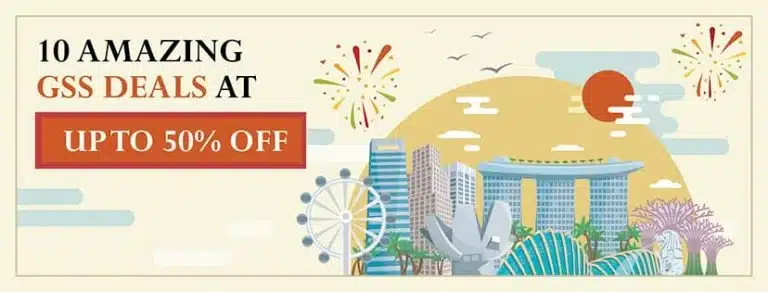 Banner reads "10 Amazing GSS Deals at Up to 50% Off" with illustrated Singapore landmarks, fireworks, and a sun in the background, capturing the excitement of GSS 2017.