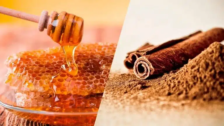 Honey dripping from a dipper onto honeycomb on the left, with cinnamon sticks and ground cinnamon on the right—natural remedies often used to help soothe adult acne.