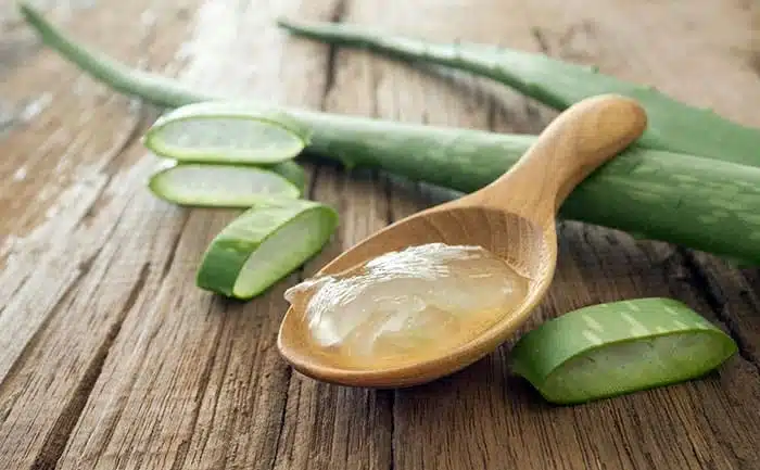 A wooden spoon holding aloe vera gel is placed on a wooden surface next to an aloe vera leaf and several cut pieces, highlighting a natural remedy often used for soothing adult acne.