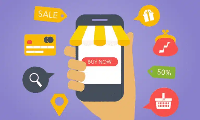 Illustration of a hand holding a mobile phone with a "Buy Now" button, surrounded by online shopping icons like a credit card, sale tag, and shopping basket—perfect for highlighting trends seen during GSS 2017.