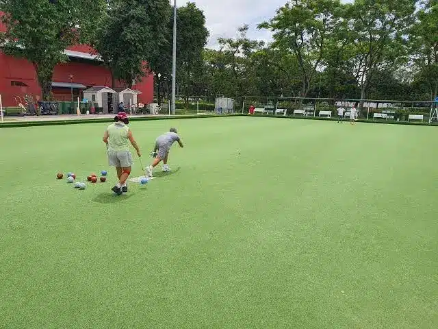 Two people play lawn bowls on a green field, with several bowls scattered on the grass and trees in the background, as NDP Fireworks light up the evening sky nearby.