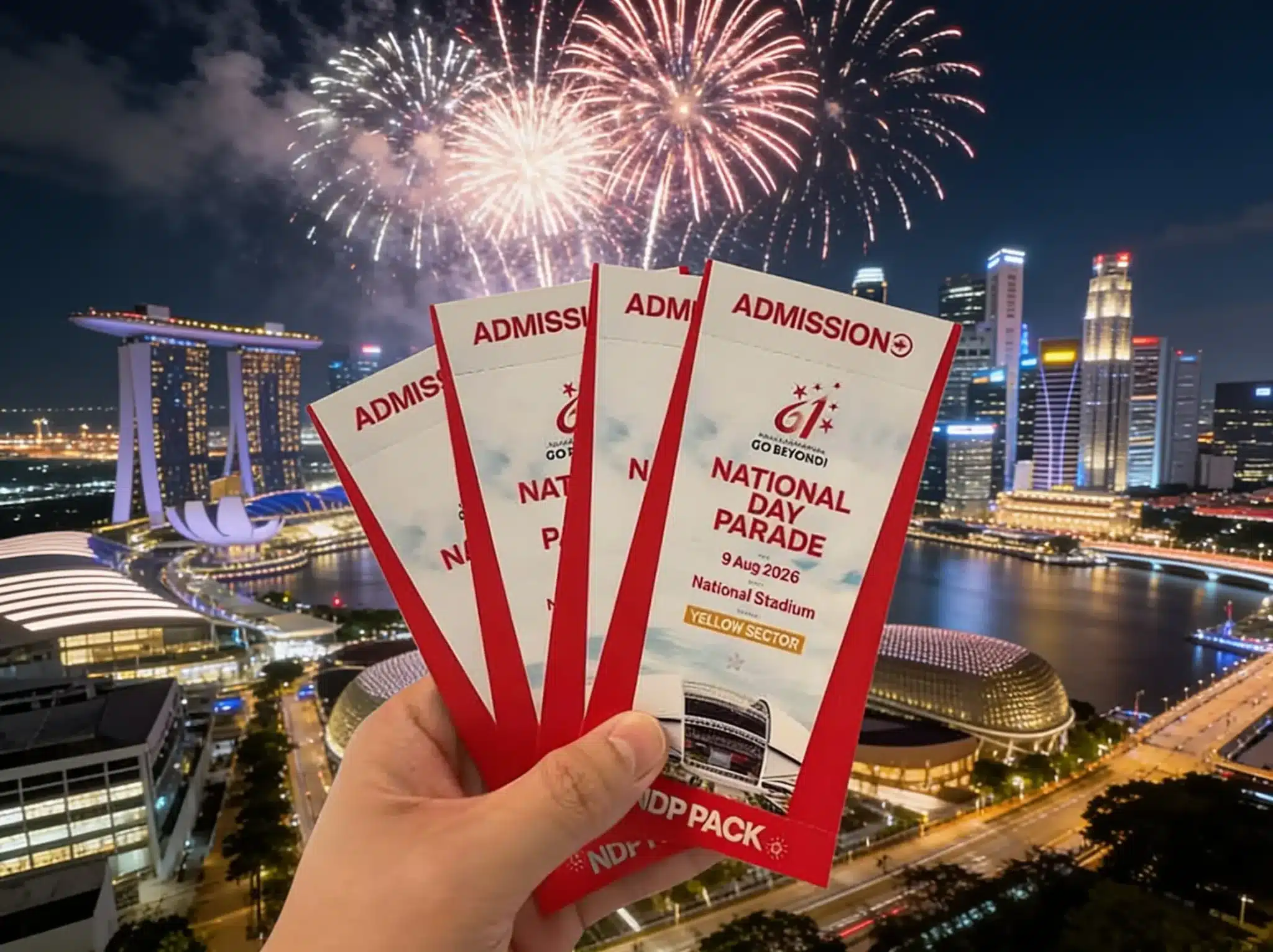A hand holds four National Day Parade 2026 admission tickets with dazzling NDP Fireworks illuminating the night sky over a city skyline and Marina Bay Sands in the background.