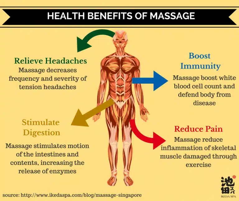 Infographic of a human body illustrating Massage Therapy health benefits: relieving headaches, stimulating digestion, boosting immunity, and reducing pain with corresponding arrows and text.