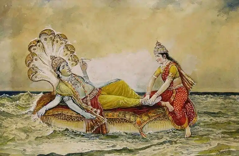 A figure reclines on a multi-headed serpent in the ocean whilst another, practising massage therapy, sits nearby massaging the first figureβs feet; both wear traditional attire and ornate crowns.