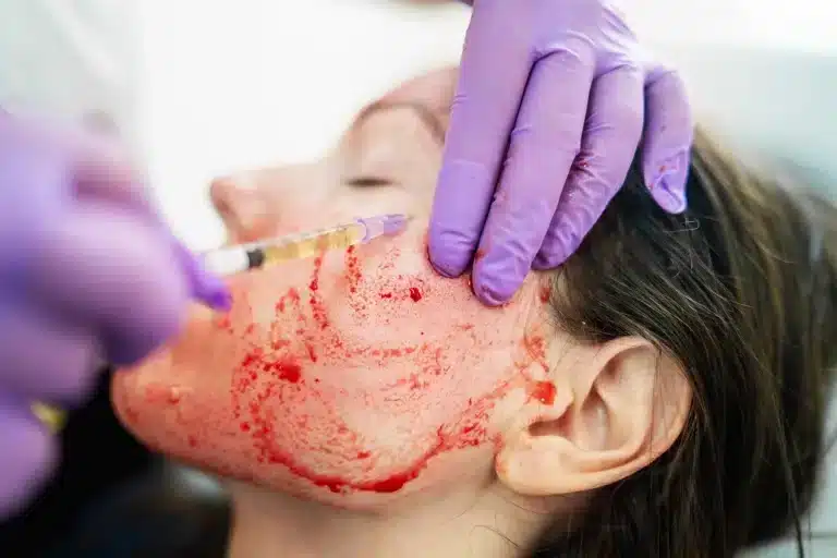 A person receives a cosmetic facial injection whilst their face is covered in a red substance, possibly blood, as if undergoing a Japanese facial, with a gloved hand gently holding their head.