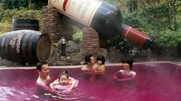 A family swims in a wine-coloured pool next to large wine barrels and an oversized wine bottle sculpture outdoors, evoking the playful spirit of a beer onsen experience.