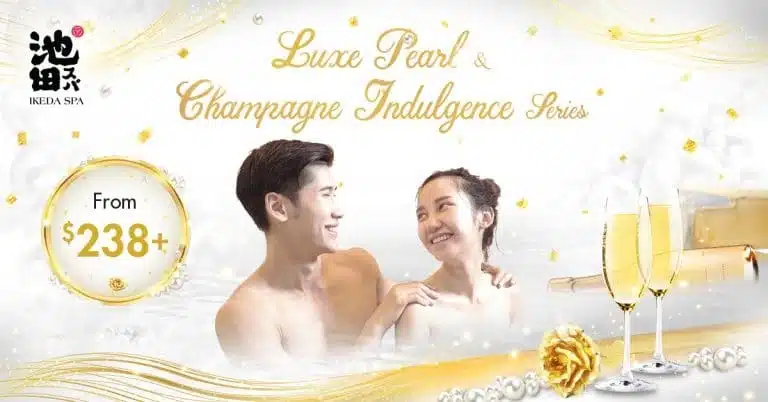 A man and woman relax in a bath surrounded by champagne glasses, gold accents, and text promoting a luxurious Valentine’s Day spa package starting from £238.