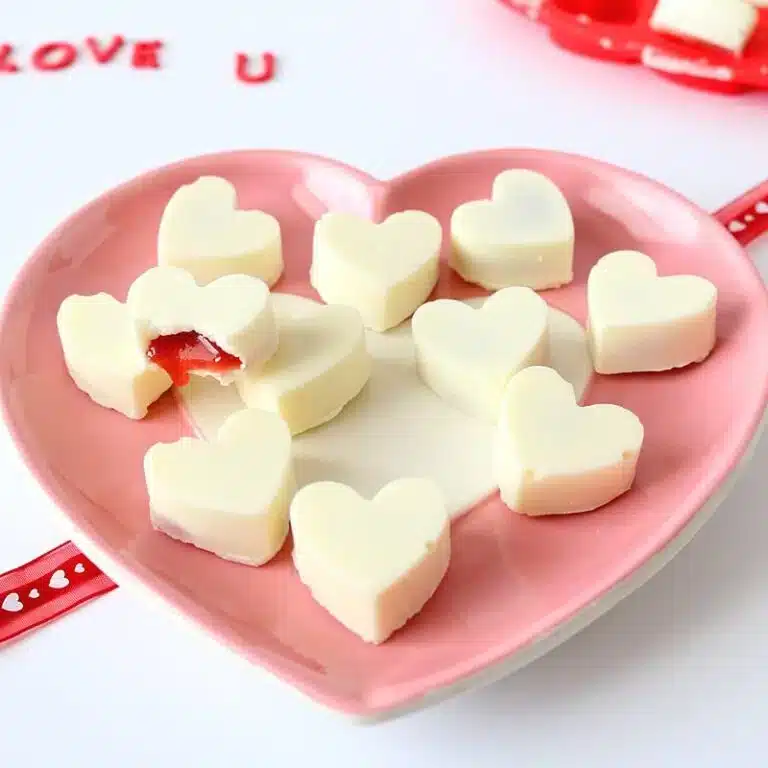 Heart-shaped white chocolates with a red filling are arranged on a pink heart-shaped plate, perfect for a white Valentine’s Day, with a ribbon and "LOVE U" letters in the background.