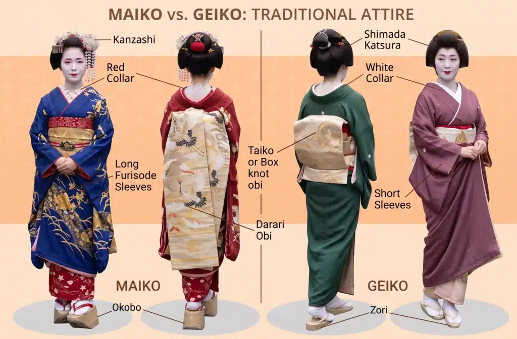 Front and back views of a Maiko and a Japanese geisha in traditional attire, with labels highlighting differences in hairstyles, collars, sleeves, and footwear.