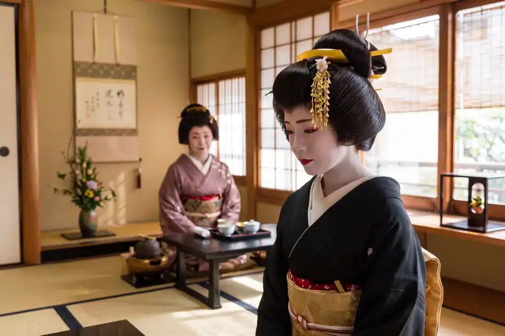 Two women, dressed as Japanese geisha in traditional kimonos, participate in a tea ceremony in a tatami-mat room filled with natural light and minimal decor.