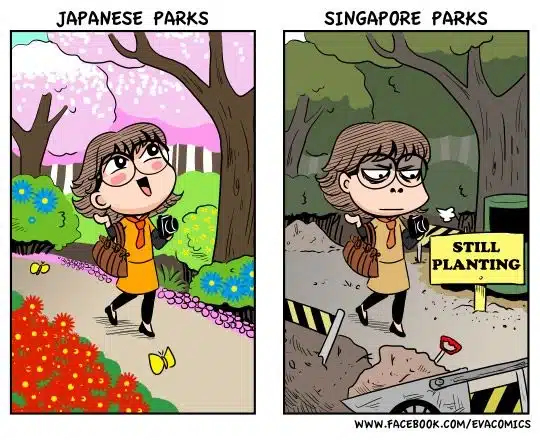 Comic from the evacomics interview: A woman joyfully strolls through a vibrant Japanese park, then contrasts it with a Singapore park under construction, marked by a "Still Planting" sign.