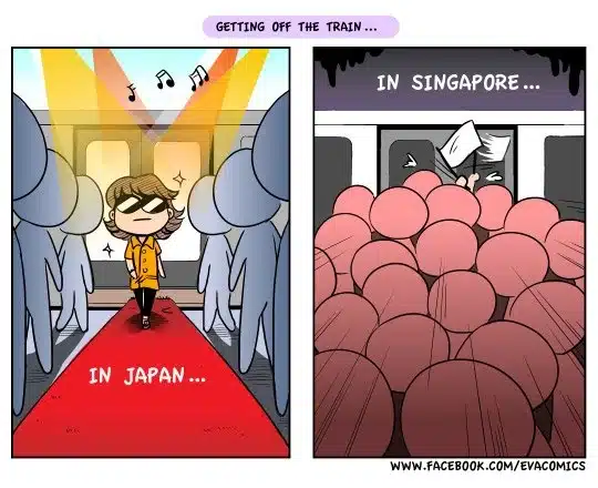 A comic from evacomics interview shows "Getting off the train" in Japan as calm and orderly with a red carpet, whilst in Singapore it’s crowded with people pushing to exit.