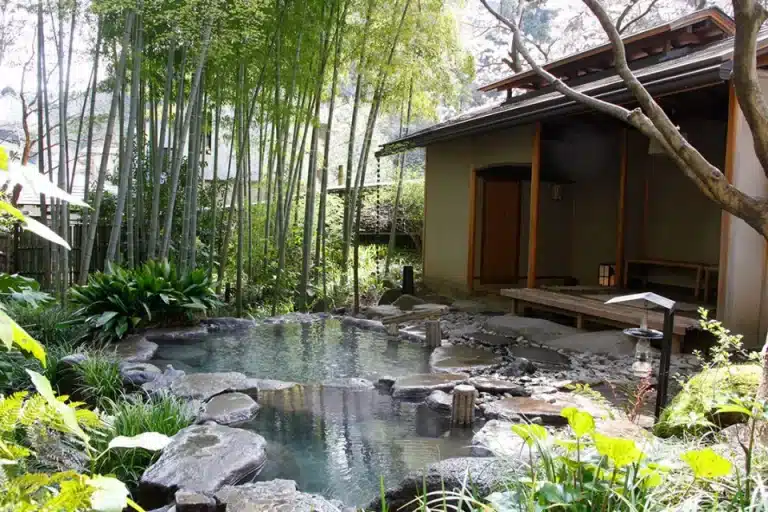 A serene Japanese garden features a small pond surrounded by rocks and lush greenery, adjacent to a traditional wooden building. Bamboo plants and trees enhance the tranquil setting, perfect for travelers exploring with a Japan Rail Pass.