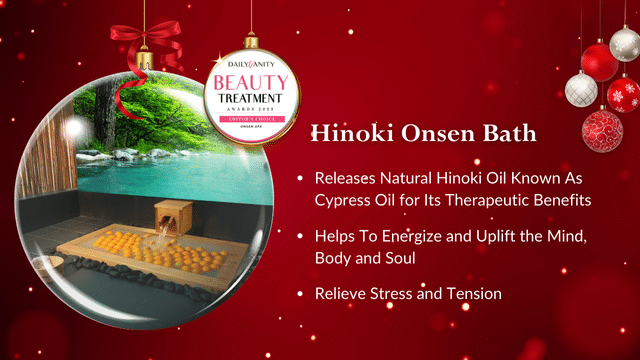A red Christmas-themed advertisement for Hinoki Onsen Bath highlights its soothing benefits: therapeutic Hinoki oil, energizing effects, and stress relief. Give the gift of relaxation with a spa gift card, perfect for experiencing this tranquil escape.