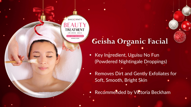 A woman enjoys a luxurious facial treatment with a brush, featuring the renowned Uguisu No Fun for glowing skin. Recommended by Vittoria Beckham, this experience makes for the perfect spa gift card idea. Treat yourself or a loved one to rejuvenated beauty.