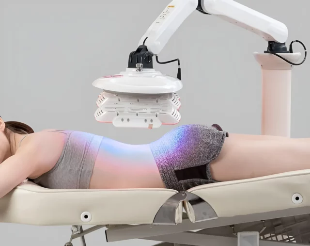 A person lies face down on a treatment table while a medical device emits red and blue light onto their lower back and hips, providing targeted back acne treatment.