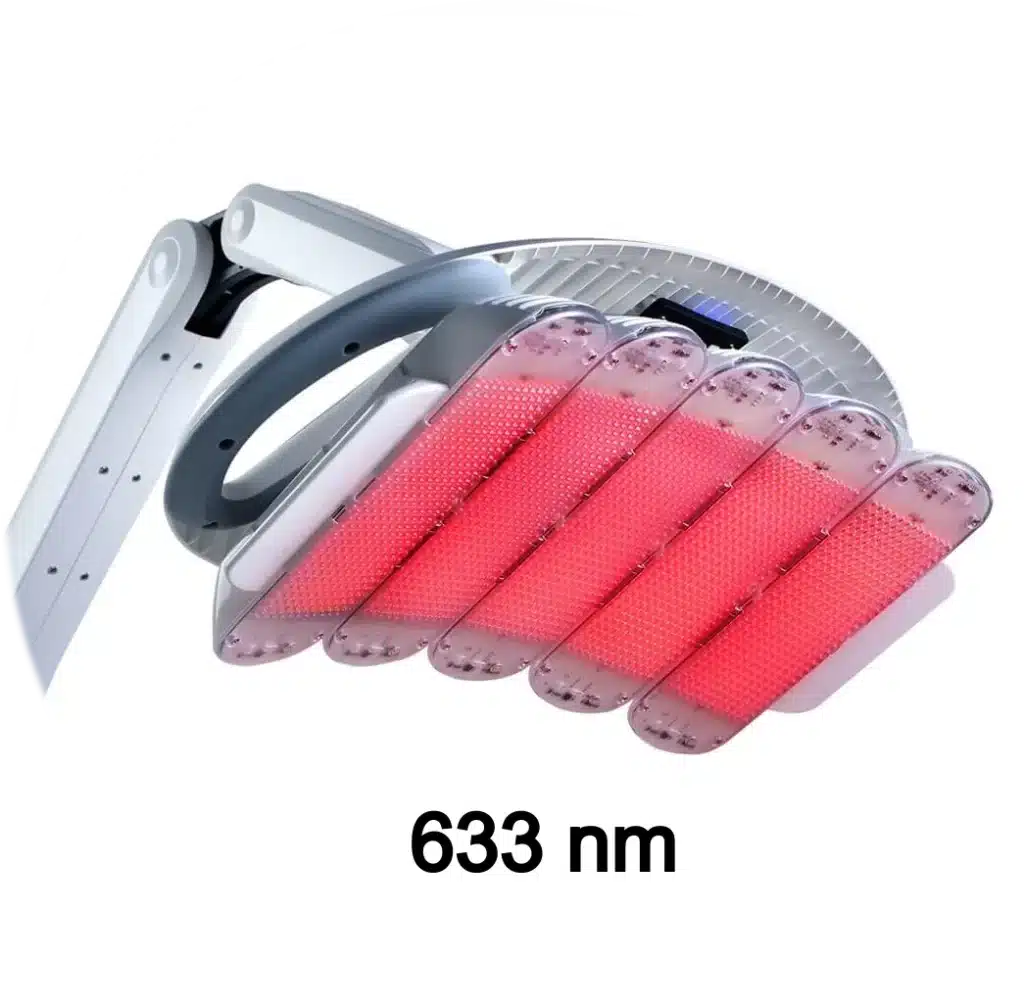 A red LED light therapy device with five panels emits light at a wavelength of 633 nm, offering an effective back acne treatment.
