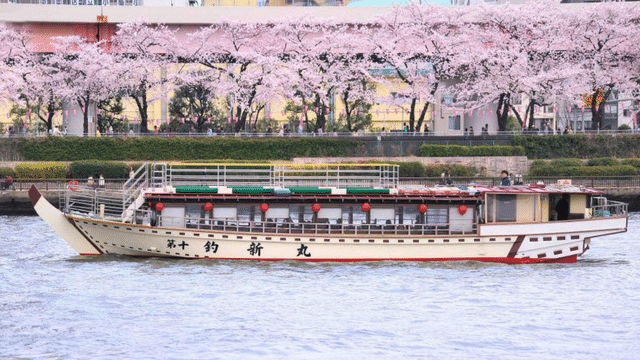 A traditional riverboat with Japanese characters on the side floats on a river. Cherry blossom trees in full bloom line the riverbank, and a bridge is visible in the background, creating a picturesque scene reminiscent of White Day's serene celebrations.