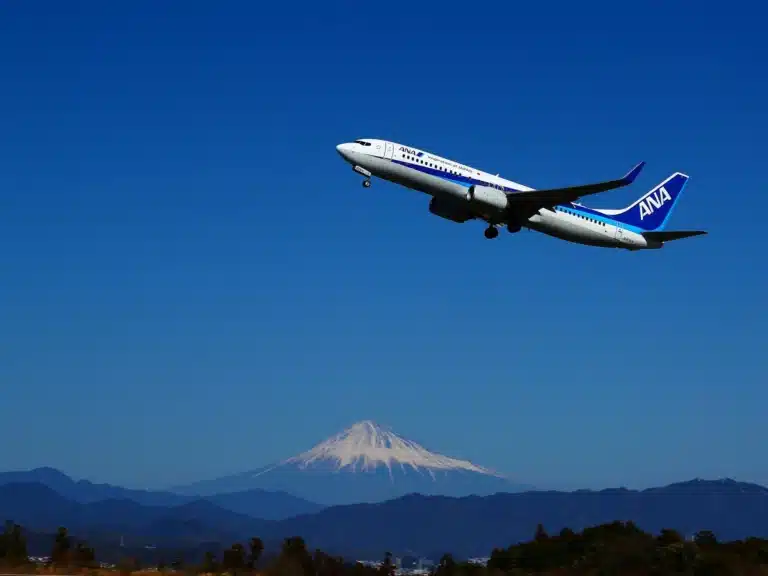 ANA airplane taking off with Mount Fuji in the background