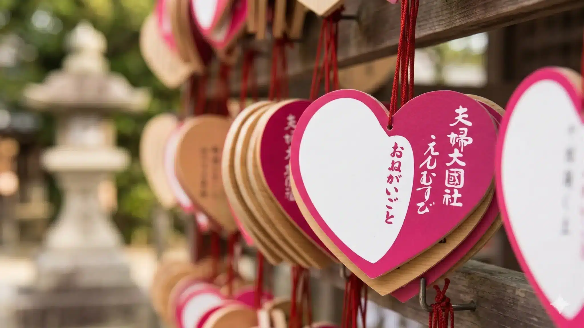 Heart-shaped wooden plaques with Japanese writing hang on red strings at a shrine, used for making wishes or prayers—especially popular around White Day.