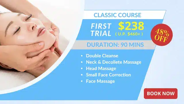 A person receiving a face massage; text advertises a 90-minute classic facial course trial for £238, featuring Small Face Correction among included treatments and a "Book Now" button.