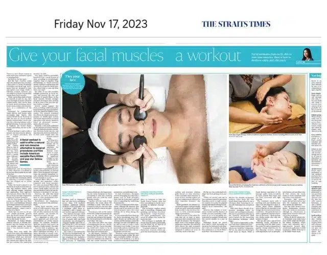 A newspaper spread featuring articles and photos of people receiving facial treatments, including Small Face Correction, with the headline "Give your facial muscles a workout.