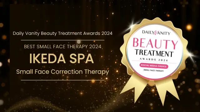 Award announcement graphic for Ikeda Spa, winner of Best Small Face Therapy 2024 for its renowned Small Face Correction Therapy at the Daily Vanity Beauty Treatment Awards 2024.