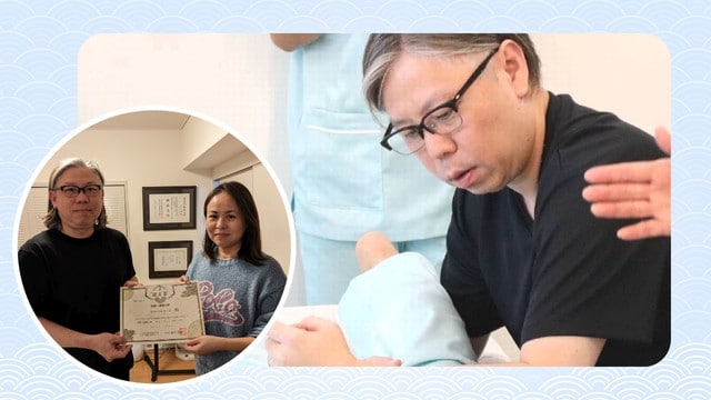 An Asian man is holding a certificate in front of a group of people during an onsen spa session.
