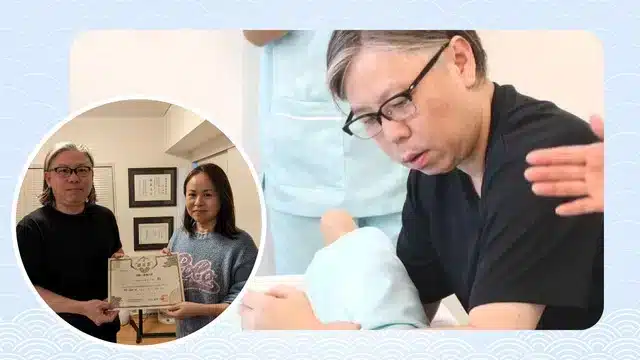 A man wearing glasses treats a patient’s arm, highlighting his expertise in Small Face Correction. An inset shows him standing with a woman holding a certificate.