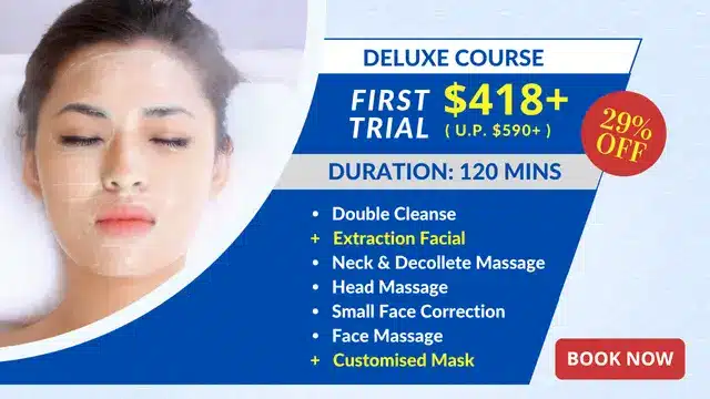 A woman receives a facial treatment, including Small Face Correction. Text details a deluxe course offer with various facial services, discounted from $590+ to $418+ for a 120-minute first trial. "Book Now" button shown.