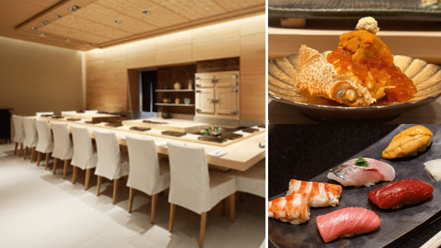 A minimalist, Michelin-rated sushi bar with wooden decor on the left and an array of sushi dishes on the right, featuring exquisite nigiri and uni.